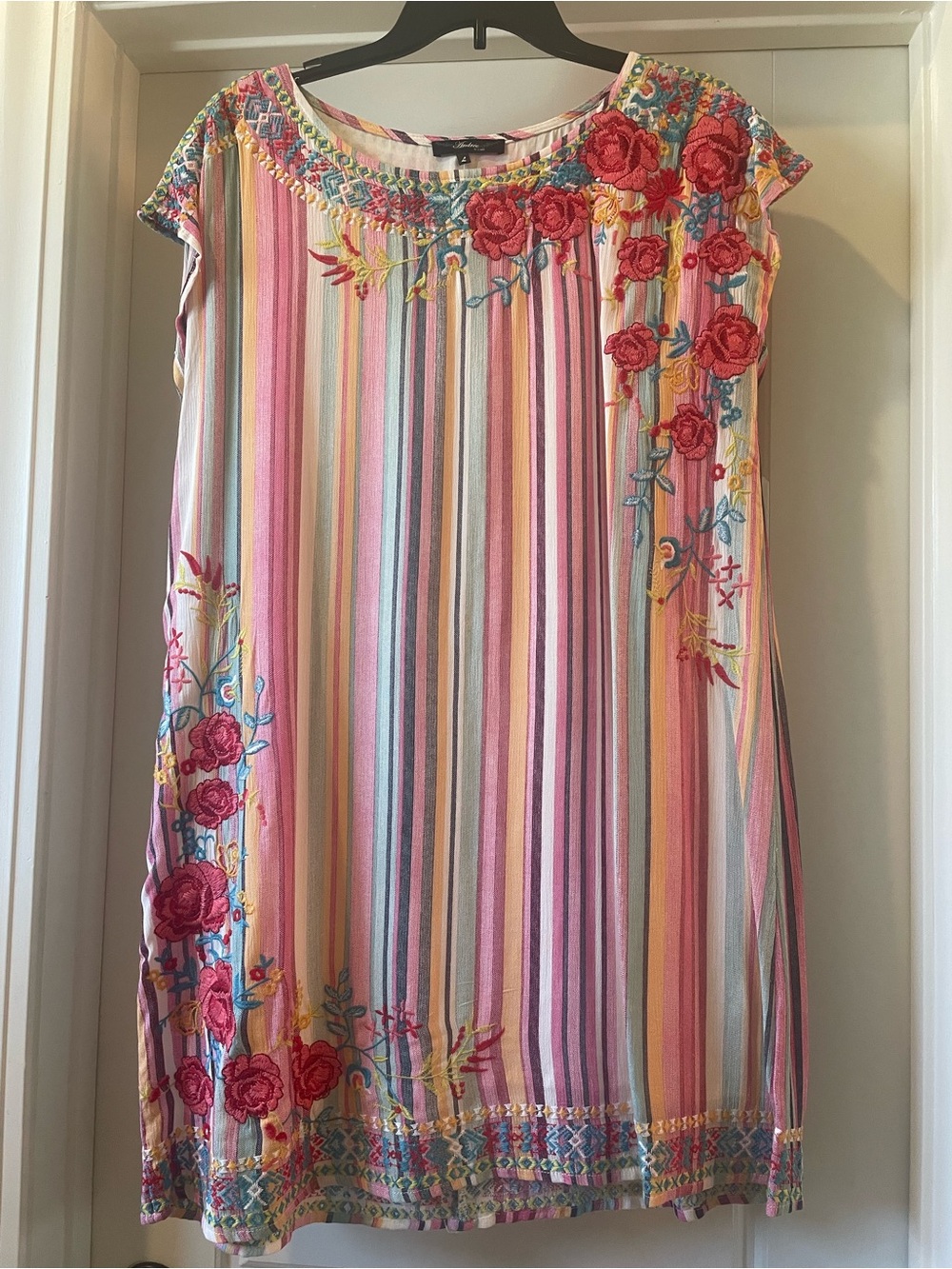 ANDREE BY UNIT Pink Multicolor Striped Mini Dress with Rose Embroidery